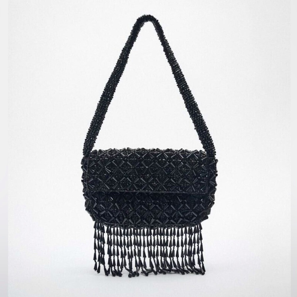 Zara Black Beaded Fringe Shoulder Bag